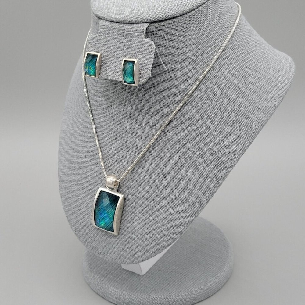 KC Blue Stone Rectangle Pendant Necklace Earrings Fashion Set Blue Silver Tone - Picture 3 of 12